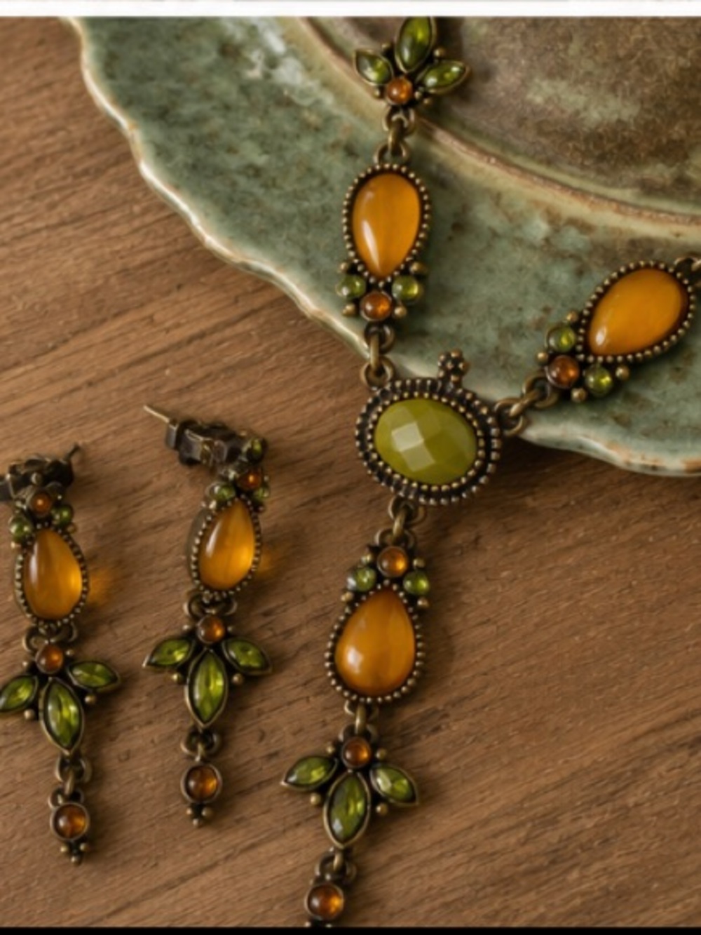 Boho Statement Necklace Earrings Set 24” Green Amber Rhinestone Bronze Tone